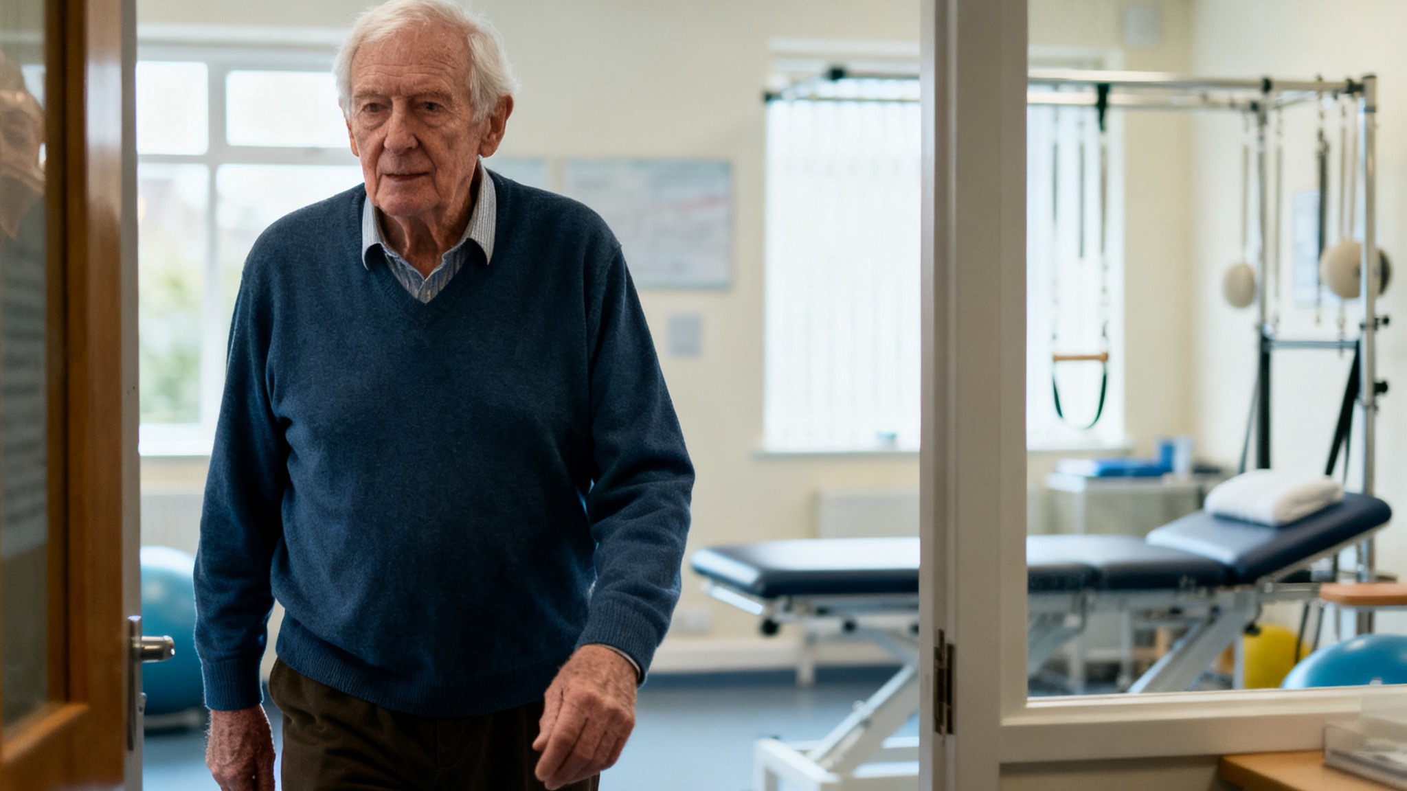 An older man walking into the clinic, steady and unhurried (placeholder)