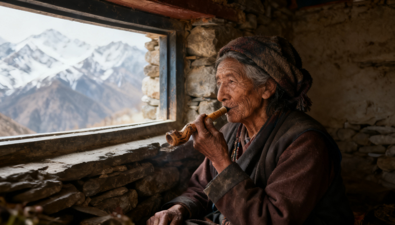 Dolma, 91, drawing her breath through her worn juniper-wood tube each morning (placeholder)